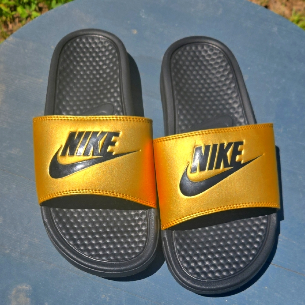Nike Gold and Black Slides Sz8